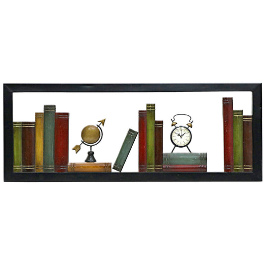 2052128: Metal Wall Art w. Bookshelves & Clock
