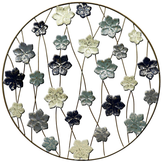 2055110: Circle of Blue/Cream Flowers Metal Wall Art